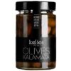 Tarro de aceitunas Kalamata Kalios en aceite de oliva virgen extra, etiqueta negra premium.