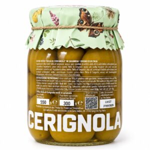 Etiqueta posterior de Aceitunas Verdes Bella di Cerignola Fratepietro 550 g con ingredientes e información nutricional