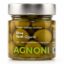 Aceitunas Verdes Dulces Italianas Agnoni en tarro de cristal con aceite sobre fondo blanco