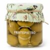 Aceitunas Verdes Bella di Cerignola Fratepietro en tarro de cristal con tapa decorativa sobre fondo blanco