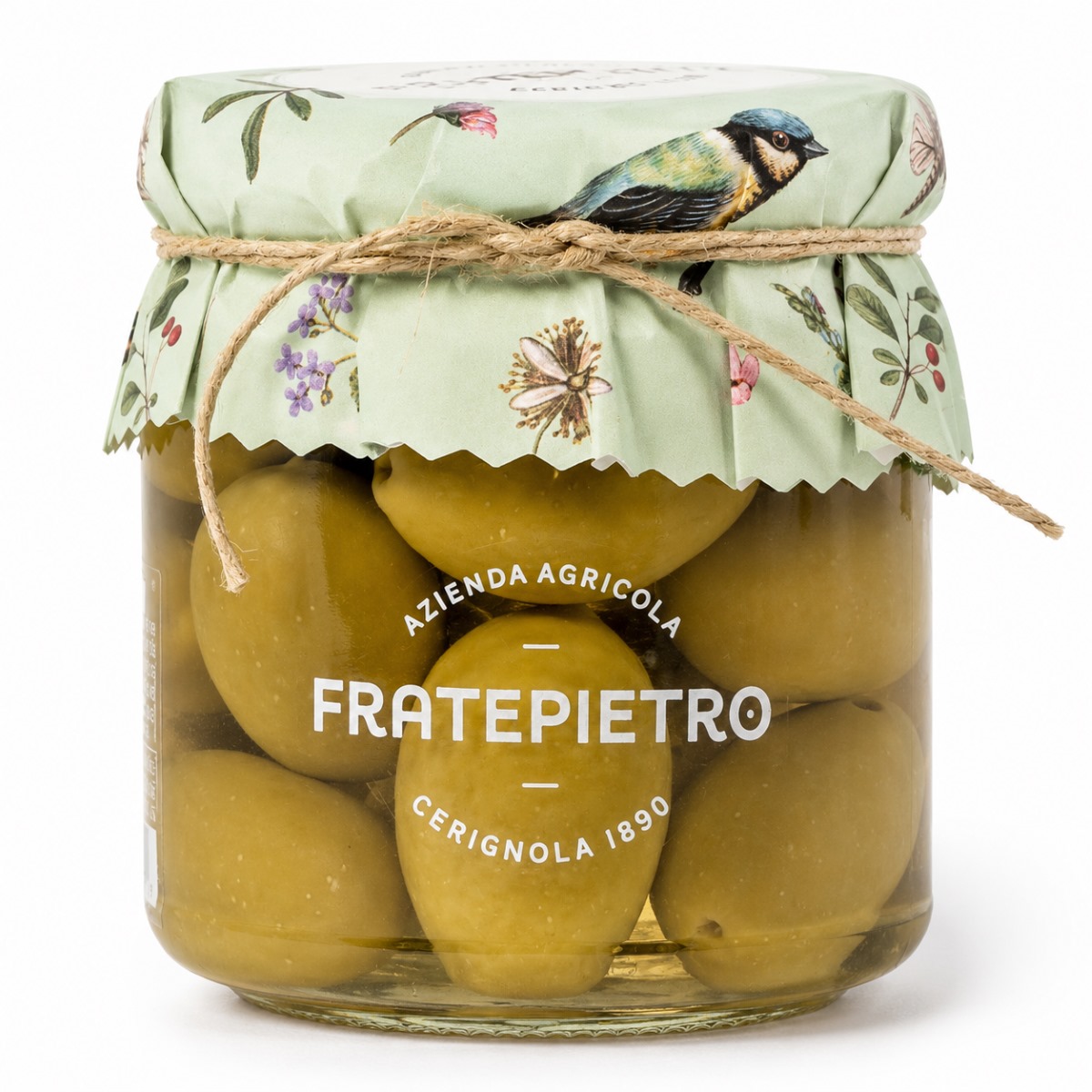 Aceitunas Verdes Bella di Cerignola Fratepietro 280g Aceitunas Verdes Bella di Cerignola Fratepietro en tarro de cristal con tapa decorativa sobre fondo blanco