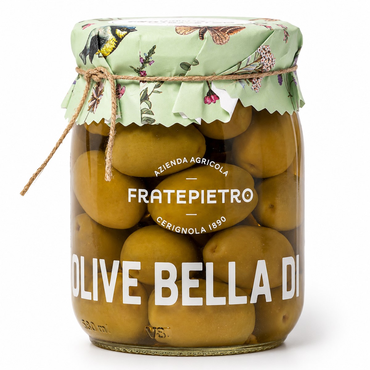 Aceitunas Verdes Bella di Cerignola Fratepietro 550g Aceitunas Verdes Bella di Cerignola Fratepietro en tarro de cristal con tapa decorativa sobre fondo blanco