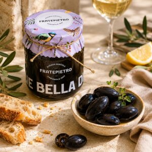 Aceitunas Negras Bella di Cerignola Fratepietro servidas con pan, limón, vino blanco y hojas de olivo