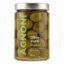 Aceitunas Verdes Dulces Italianas Agnoni 590 g en tarro de cristal sobre fondo blanco