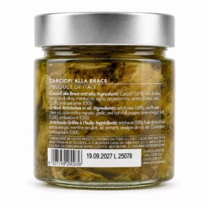 Etiqueta posterior de Alcachofas a la Brasa Agnoni 210 g con ingredientes y conservación