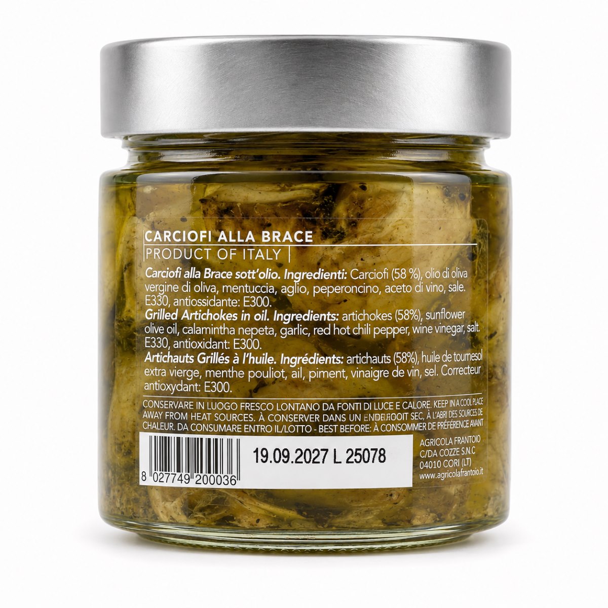 Alcachofas a la Brasa Agnoni · 210 g · Etiqueta Etiqueta posterior de Alcachofas a la Brasa Agnoni 210 g con ingredientes y conservación