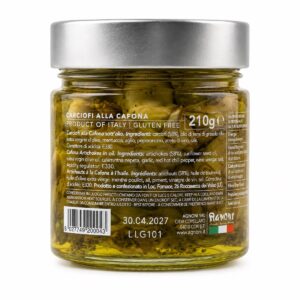 Etiqueta posterior de Alcachofas a la Campesina Agnoni 210 g sin gluten con ingredientes y conservación