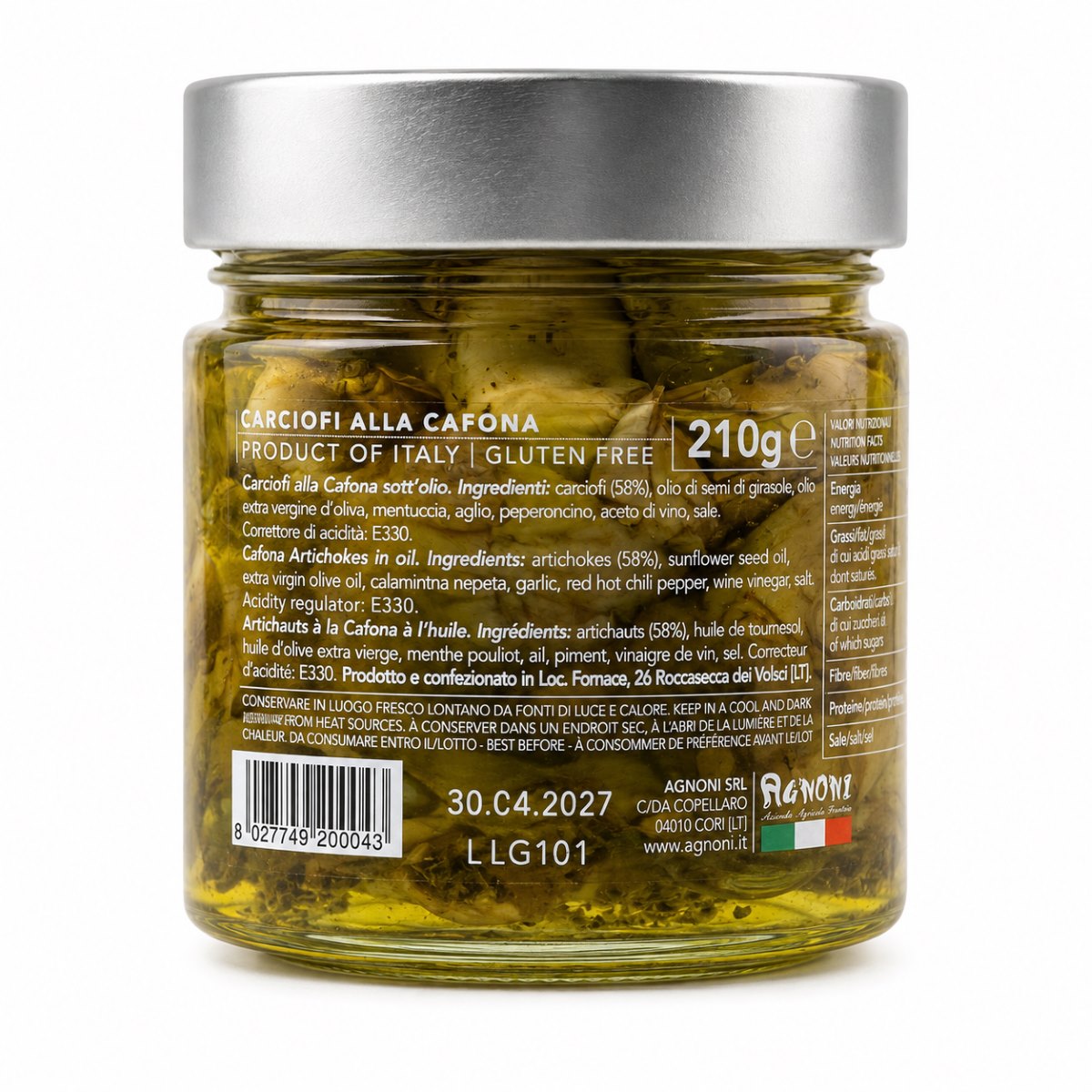 Alcachofas a la Campesina Agnoni · 210 g · Etiqueta Etiqueta posterior de Alcachofas a la Campesina Agnoni 210 g sin gluten con ingredientes y conservación