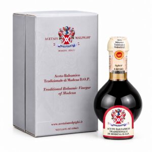 Vinagre Balsámico Tradicional de Módena DOP Affinato 12 años Malpighi 100 ml con botella y estuche plateado