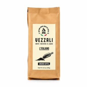 Café molido Blend Italiano Vezzali Caffè 250 g tostado a leña, en bolsa kraft con etiqueta L’Italiano