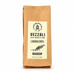 Café en grano 100 % arábica Vezzali Caffè 250 g tostado a leña, en bolsa kraft con etiqueta L’Arabica 100 %