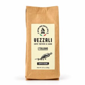 Café en grano Blend Italiano Vezzali Caffè 250 g tostado a leña, en bolsa kraft con etiqueta L'Italiano