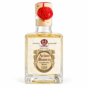 Condimento balsámico blanco Acino Bianco Malpighi 50 ml en botella de cristal con tapón de corcho y sello rojo