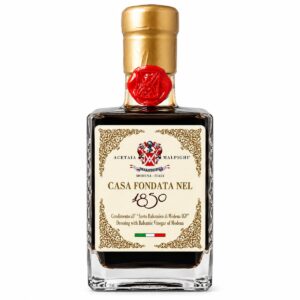 Condimento con vinagre balsámico de Módena IGP 1850 Malpighi 50 ml en botella de cristal con cápsula dorada y sello rojo
