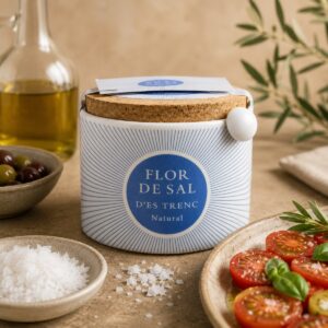 Flor de Sal d’Es Trenc Natural servida junto a tomate, albahaca, aceite de oliva y aceitunas