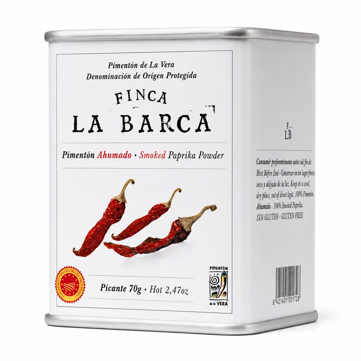 Pimentón Ahumado DOP La Vera Picante Finca La Barca 70 g Pimentón Ahumado DOP La Vera Picante Finca La Barca 70 g en lata metálica sobre fondo blanco