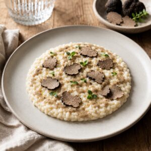 Risotto con Trufa Negra de Verano Oliveri Piemonte 250 g servido en plato con láminas de trufa