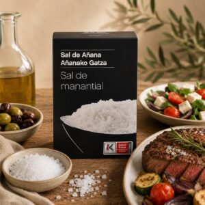 Sal de Manantial Sal de Añana servida junto a carne a la parrilla, ensalada mediterránea, aceitunas y aceite de oliva