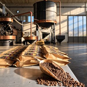 Café tostado a leña Vezzali, granos de café en pala de madera y bolsas kraft frente a maquinaria de tostado tradicional