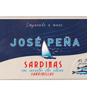 Sardinillas en aceite de oliva José Peña 115 g, conserva gourmet con sardinas seleccionadas y envasadas a mano.