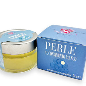 Perlas de condimento balsámico blanco Acetaia Malpighi 50g en tarro, esferas gourmet de sabor suave y fresco para cocina creativa.