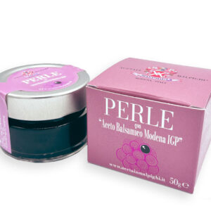 Perlas de aceto balsámico de Módena IGP Acetaia Malpighi 50g en tarro de vidrio, esferas gourmet con sabor intenso y equilibrado.