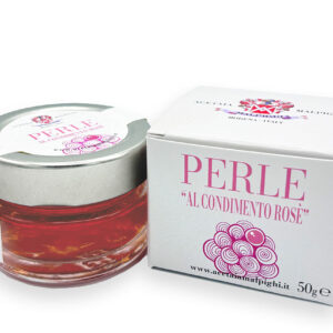 Perlas al condimento rosé Acetaia Malpighi 50g en tarro de vidrio, esferas gourmet de sabor rosado ideales para cocina creativa.