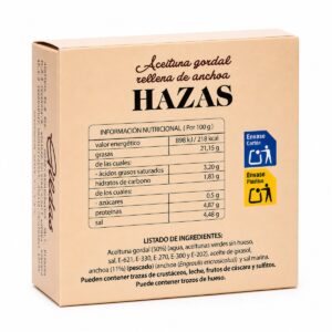 Etiqueta posterior de Aceitunas Gordal Rellenas de Anchoa Hazas 265 g con ingredientes, alérgenos e información nutricional