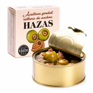 Aceitunas Gordal rellenas de anchoa Hazas en lata abierta con estuche original