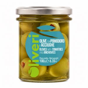 Aceitunas Rellenas de Tomate y Anchoa Oliveri Piemonte 180 g en tarro de vidrio