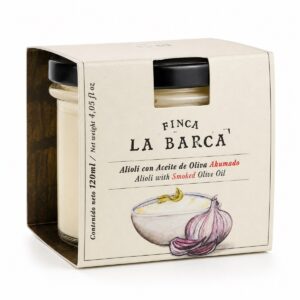 Alioli con Aceite de Oliva Ahumado Finca La Barca 120 ml en estuche con tarro de cristal sobre fondo blanco
