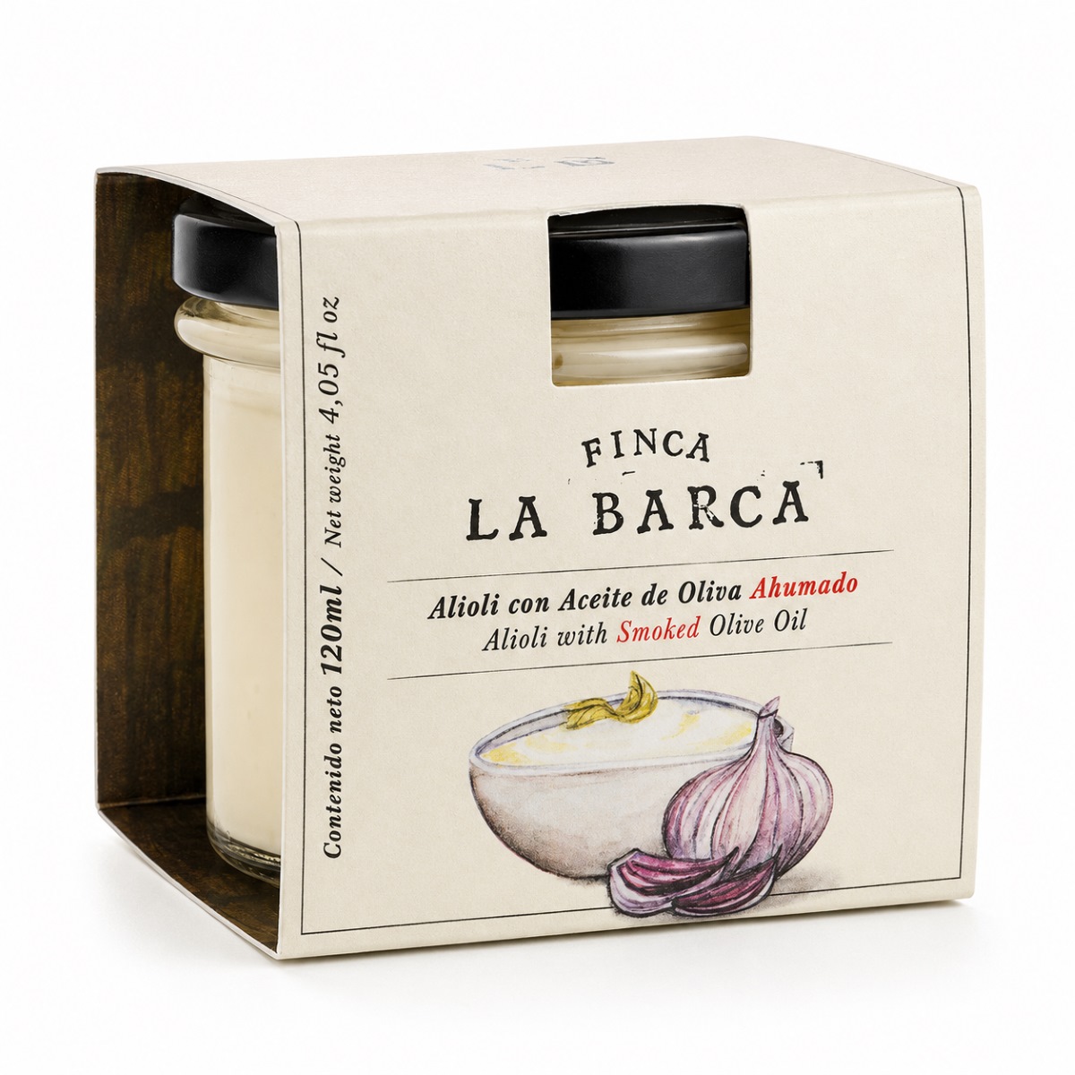 Alioli con Aceite de Oliva Ahumado Finca La Barca 120 ml Alioli con Aceite de Oliva Ahumado Finca La Barca 120 ml en estuche con tarro de cristal sobre fondo blanco