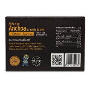 Etiqueta posterior de Anchoas Catalina del Cantábrico en Aceite de Oliva 95 g con información nutricional