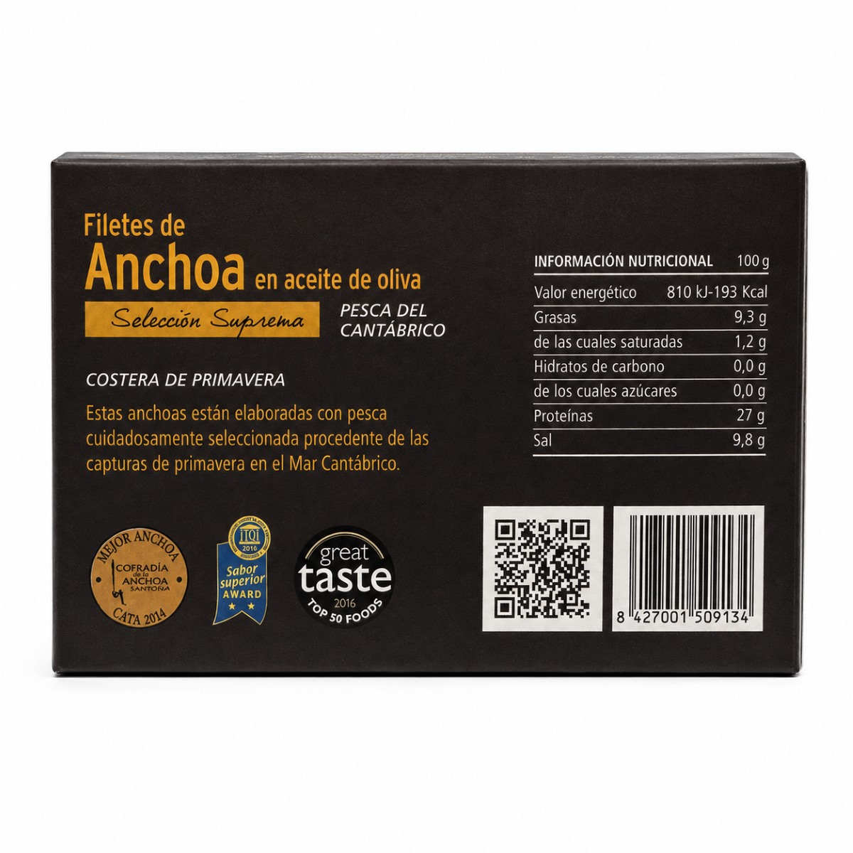 Anchoas Catalina del Cantábrico en Aceite de Oliva · 95 g · Etiqueta Etiqueta posterior de Anchoas Catalina del Cantábrico en Aceite de Oliva 95 g con información nutricional