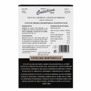 Etiqueta posterior de Anchoas Catalina en Mantequilla de Santoña 12/14 filetes 110 g con ingredientes e información nutricional