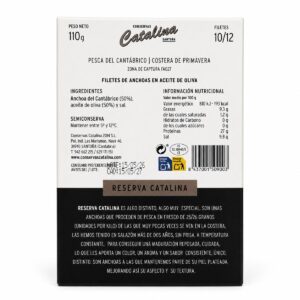 Etiqueta posterior de Anchoas Reserva Catalina con Piel 10/12 filetes 110 g con ingredientes e información nutricional
