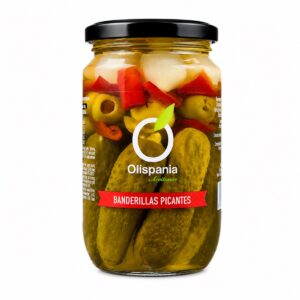 Banderillas picantes Olispania en tarro con aceitunas, pepinillos, cebollitas y pimiento