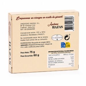 Etiqueta posterior de Boquerones en Vinagre Hazas 75 g con ingredientes, conservación e información nutricional