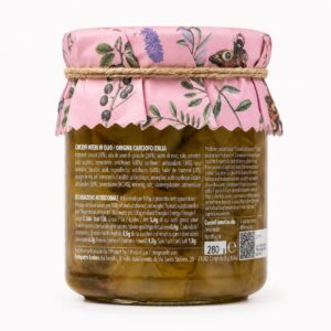 Etiqueta posterior de Corazones de Alcachofa en Aceite Fratepietro 280 g con ingredientes e información nutricional