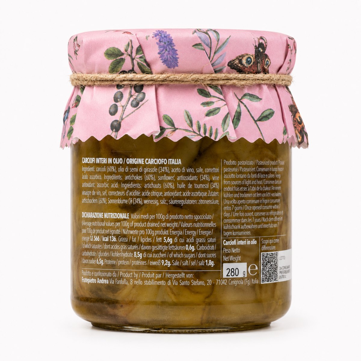 Corazones de Alcachofa en Aceite Fratepietro · 280 g · Etiqueta Etiqueta posterior de Corazones de Alcachofa en Aceite Fratepietro 280 g con ingredientes e información nutricional