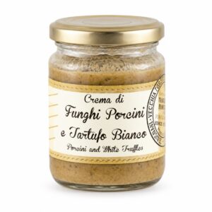 Crema de boletus porcini y trufa blanca Gemignani en tarro de cristal sobre fondo blanco