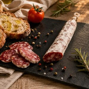 Fuet Extra Artesano Casa Prat 180 g servido en tabla con pan, tomate y romero