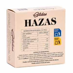 Etiqueta posterior de Gildas Hazas con Anchoa 6 unidades con ingredientes, alérgenos e información nutricional
