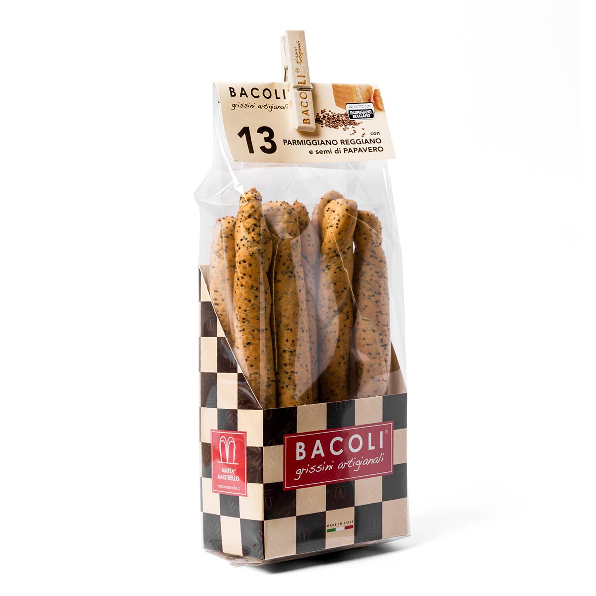 Grissini Artesanales con Parmigiano Reggiano y Amapola Bacoli 150g Grissini artesanales Bacoli 150g con Parmigiano Reggiano y semillas de amapola en bolsa transparente
