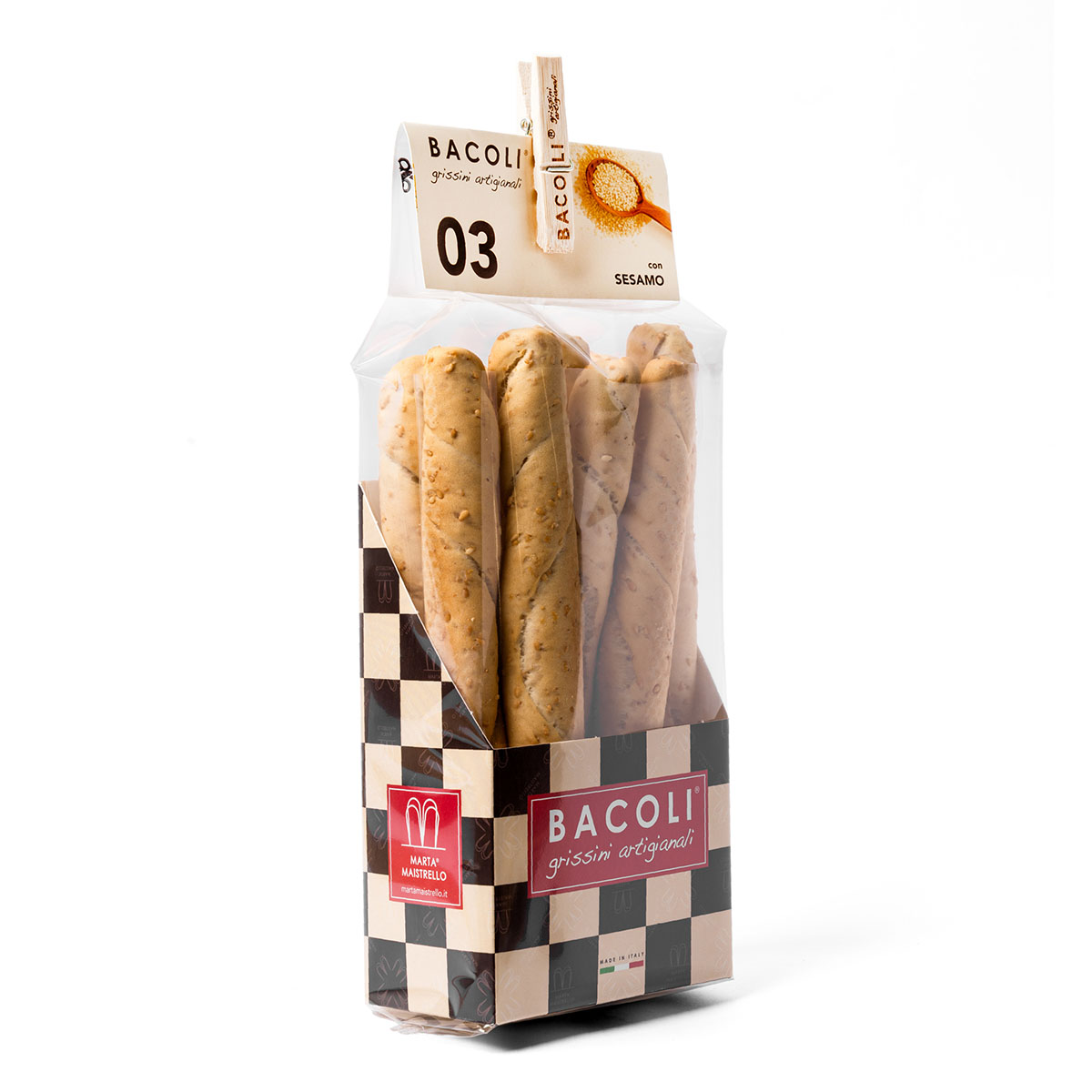 Grissini Italianos con Sésamo Bacoli 150g Grissini italianos Bacoli 150g con sésamo artesanal en bolsa transparente