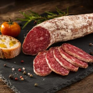 Llonganissa Extra Artesana Casa Prat 250 g servida en tabla con pan, tomate y romero