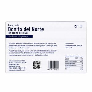 Etiqueta posterior de Lomos de Bonito del Norte Catalina Selección Suprema en Aceite de Oliva 120 g con ingredientes e información nutricional