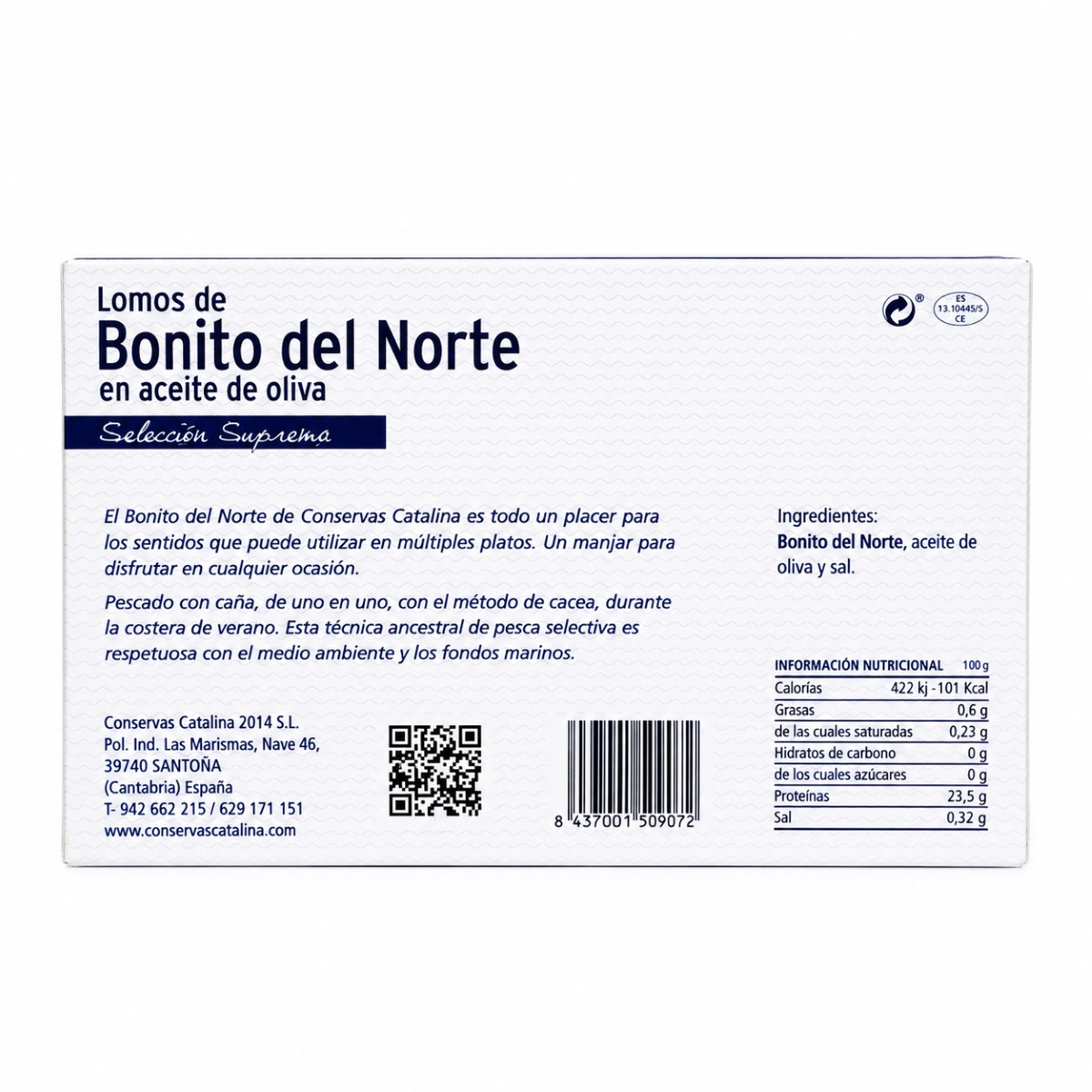 Lomos de Bonito del Norte Catalina Selección Suprema en Aceite de Oliva · 120 g · Etiqueta Etiqueta posterior de Lomos de Bonito del Norte Catalina Selección Suprema en Aceite de Oliva 120 g con ingredientes e información nutricional