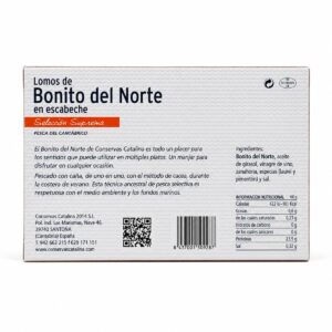 Etiqueta posterior de Lomos de Bonito del Norte en Escabeche Conservas Catalina 120 g con ingredientes e información nutricional
