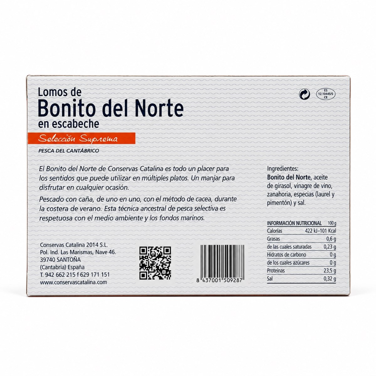 Lomos de Bonito del Norte en Escabeche Conservas Catalina · 120 g · Etiqueta Etiqueta posterior de Lomos de Bonito del Norte en Escabeche Conservas Catalina 120 g con ingredientes e información nutricional